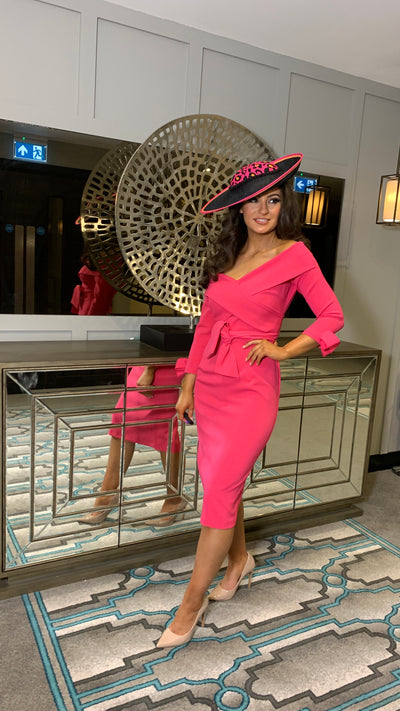 Fuchsia Bardot 3/4 Sleeve Belted Dress