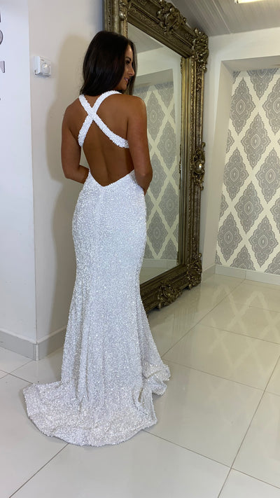 White Sequin Plunge Neck Backless Evening Gown