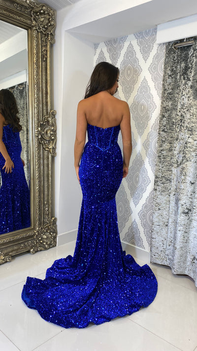 Cobalt Blue Sequin Corset Strapless Evening Gown