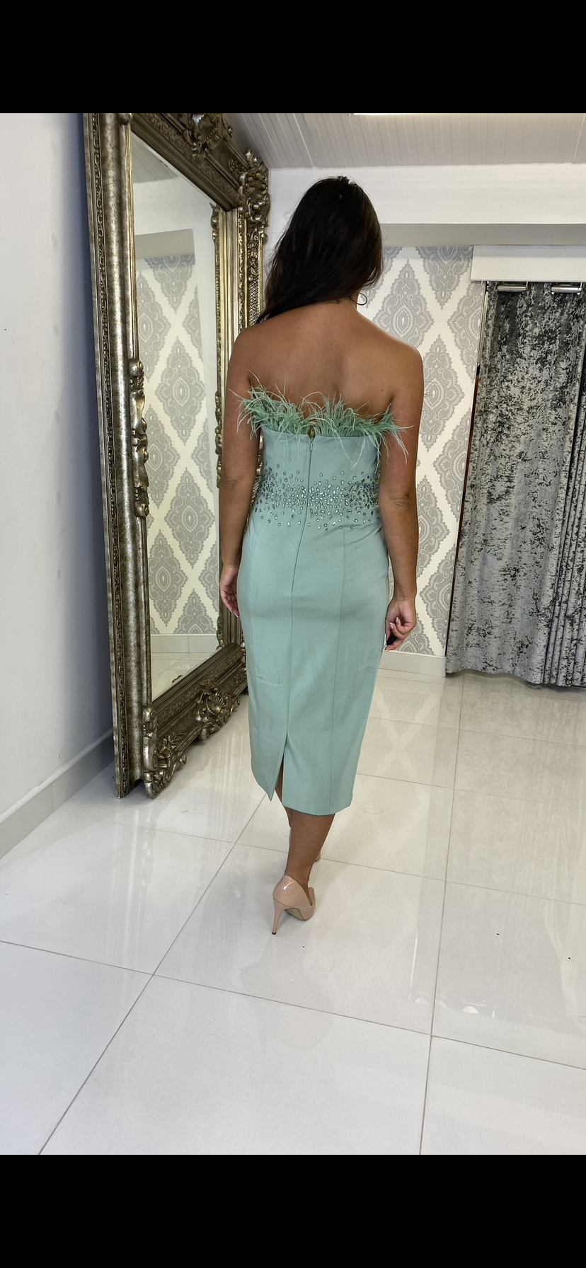 Sage Green Feather Midi Dress