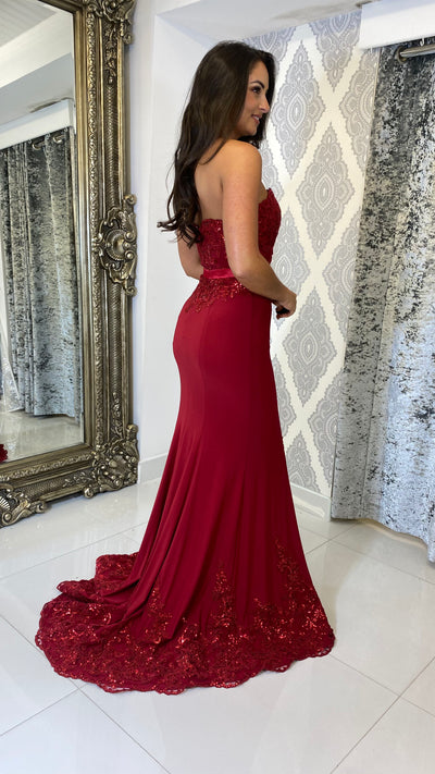 Red Strapless Leg Split Evening Gown