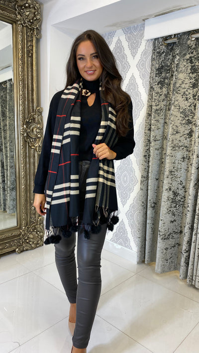 Black Check Pom-Pom Wool Winter Scarf