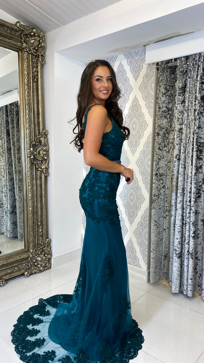 Green Lace V Neck Evening Gown Rosies Closet