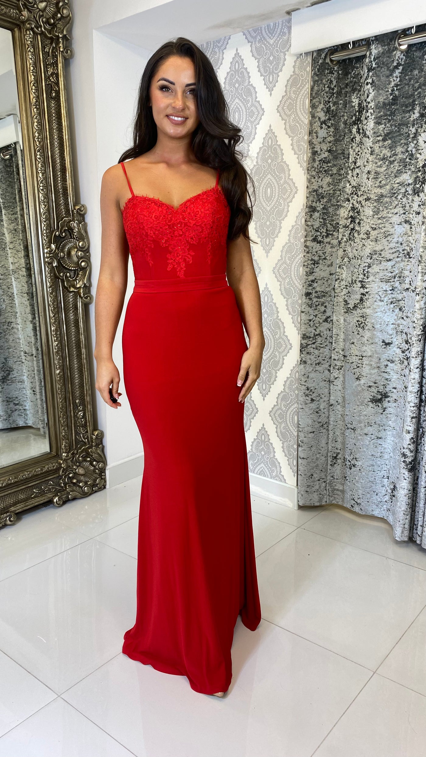 Red Lace Top Skinny Straps Evening Gown