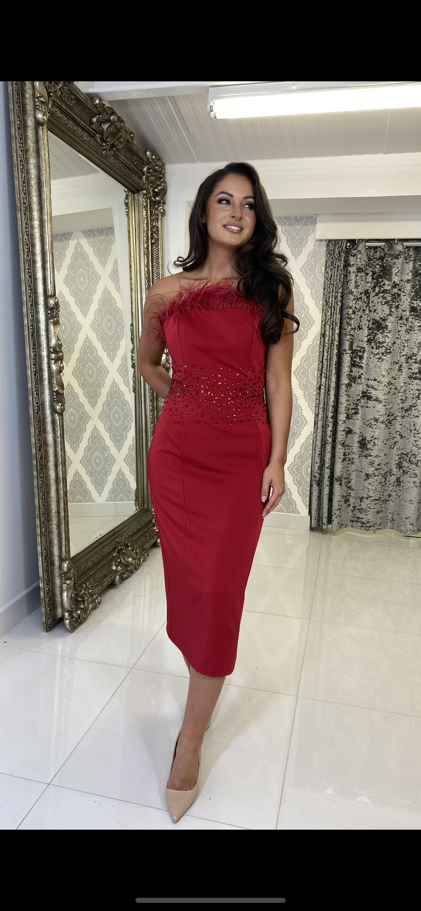 Dark Red Feather Strapless Midi Cocktail Dress