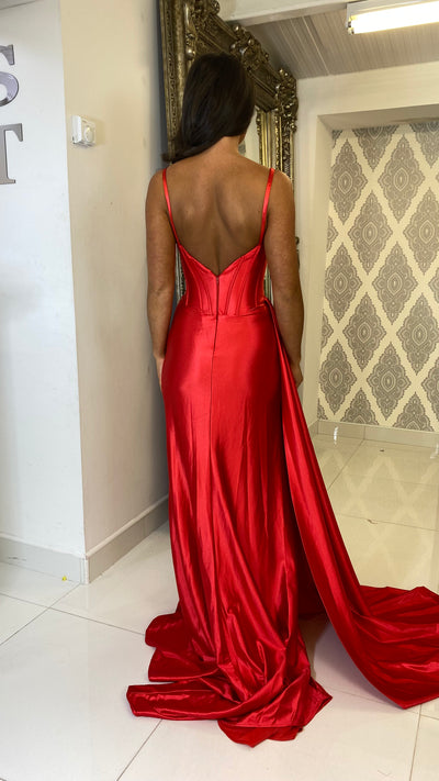 Red Corset Style Satin Prom Evening Gown