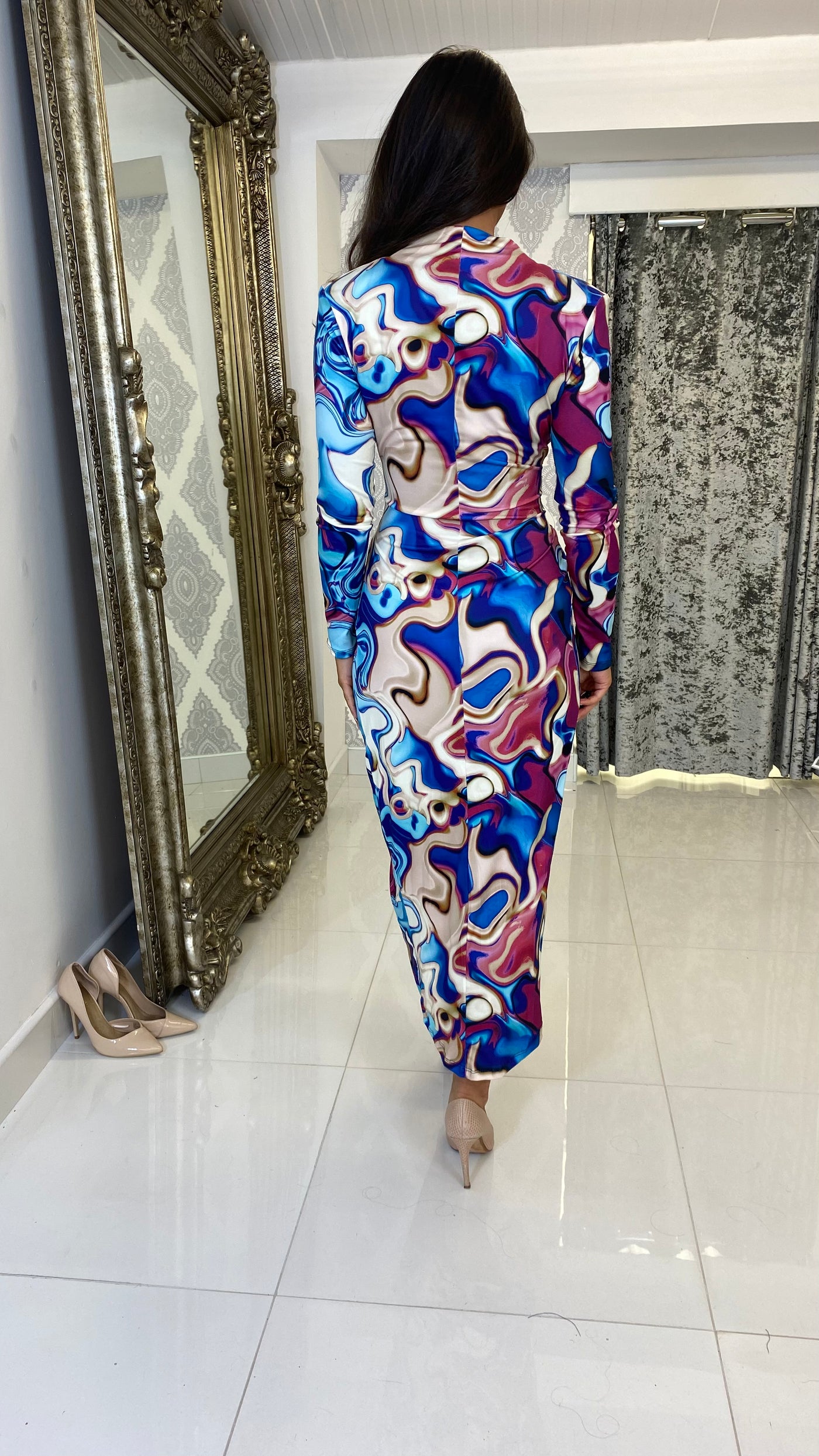 Turquoise Swirl Print Midi Ruched dress