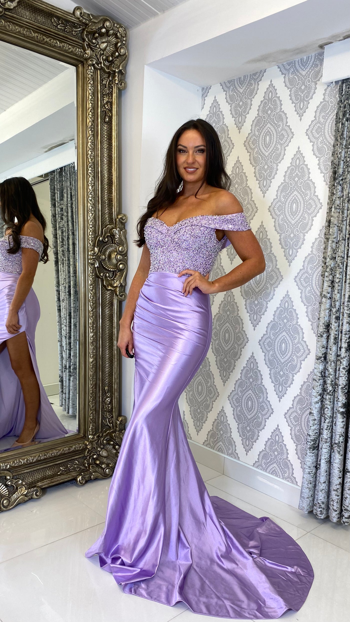 Lilac Sequin Top Bardot Formal Gown