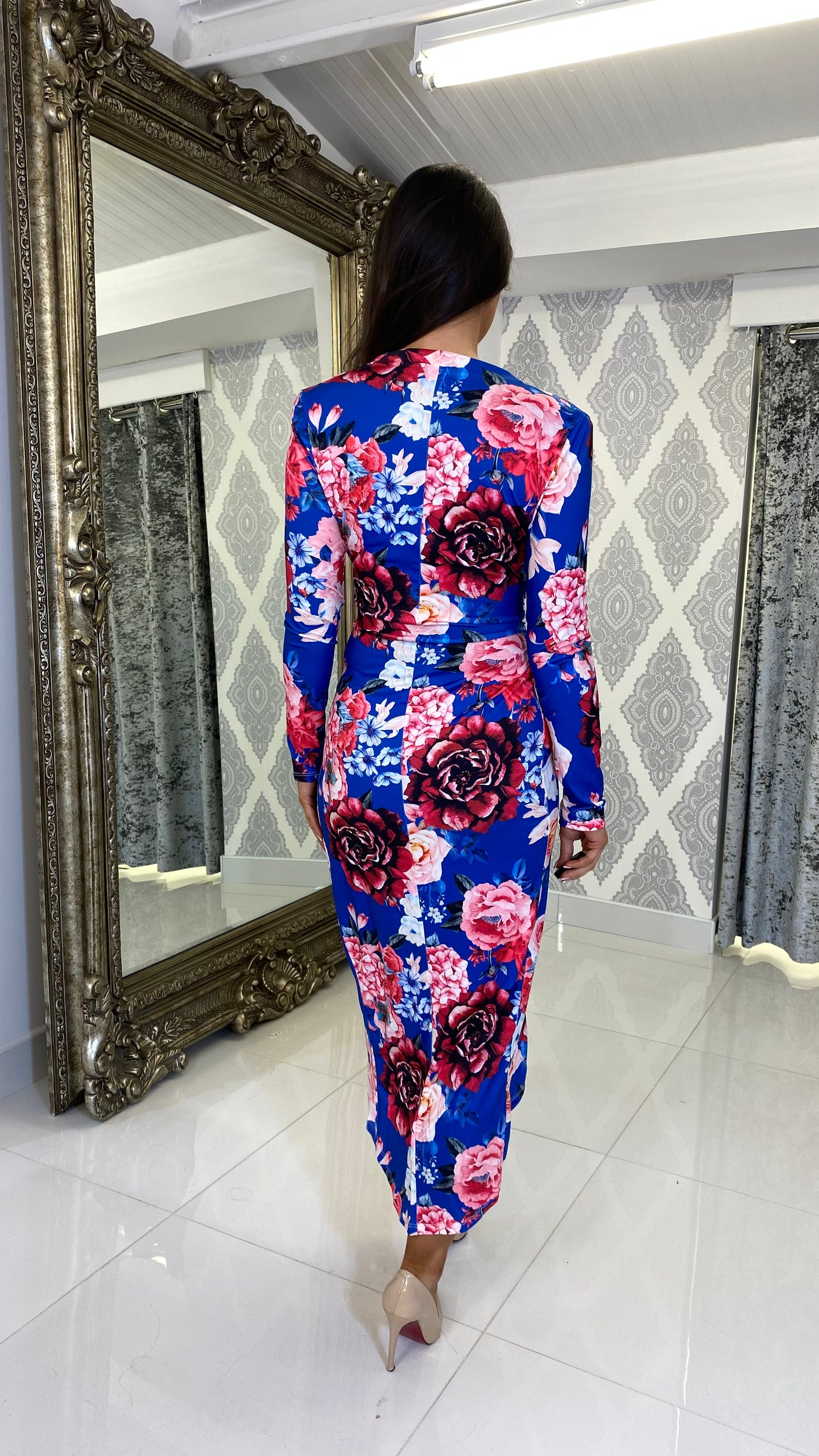 Blue Rose Print Midi Ruched Dress