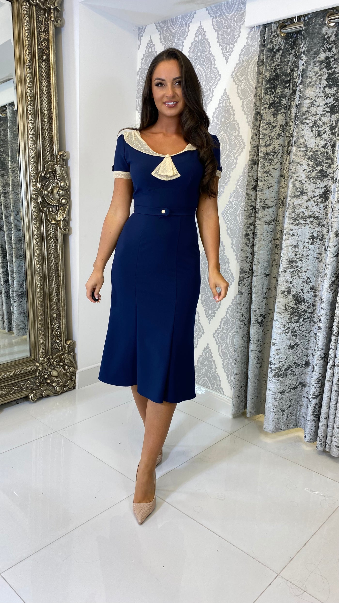 Navy Vintage Style Midi Fishtail Dress Rosies Closet