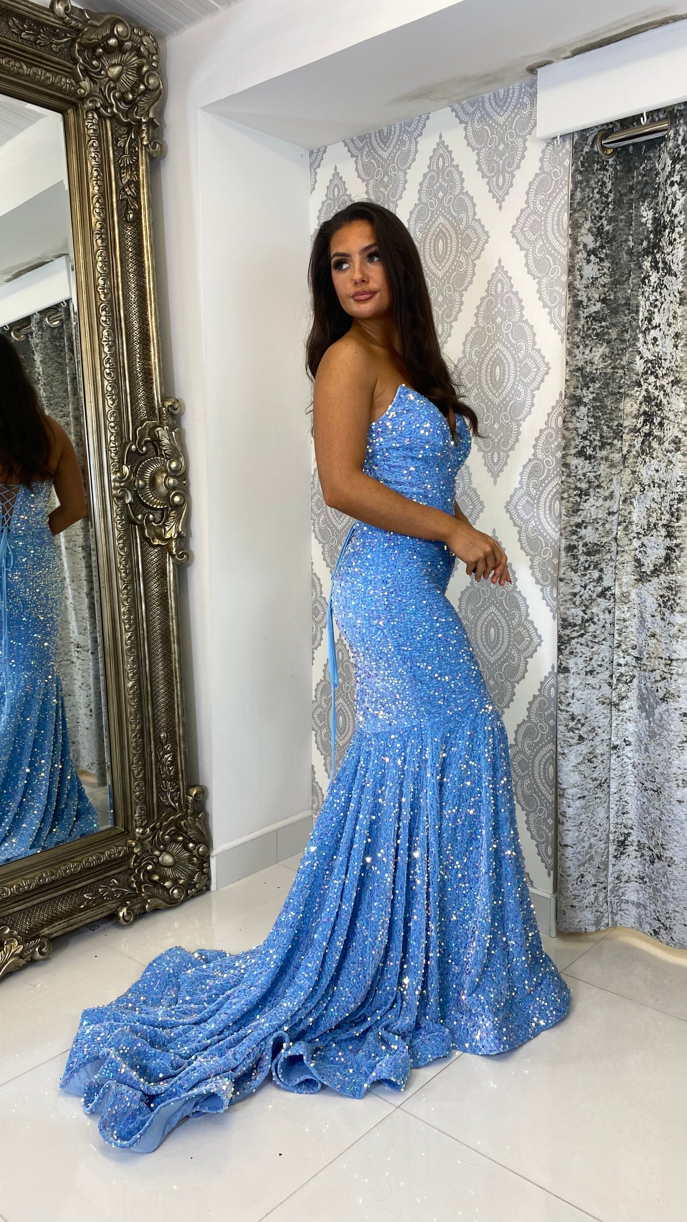 Light Blue Sequin Strapless Lace-up Evening Gown