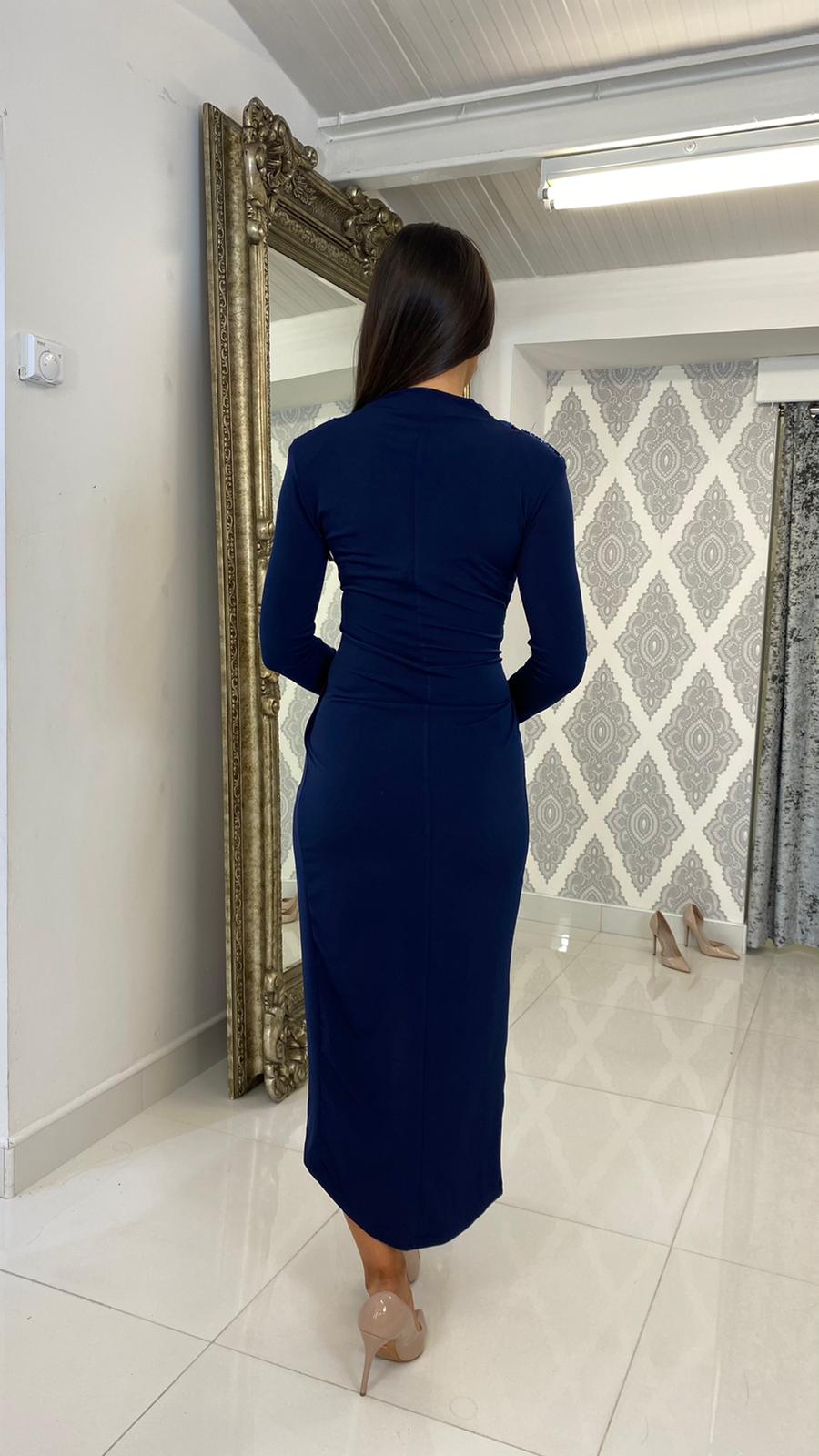 Navy & Sequin Midi Ruched dress