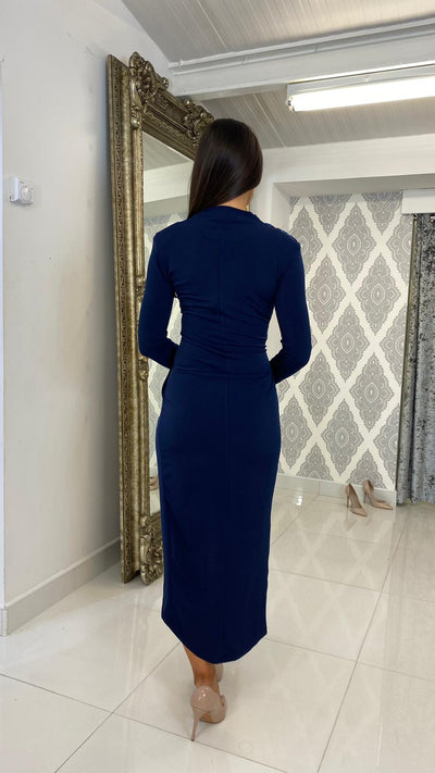 Navy & Sequin Midi Ruched dress