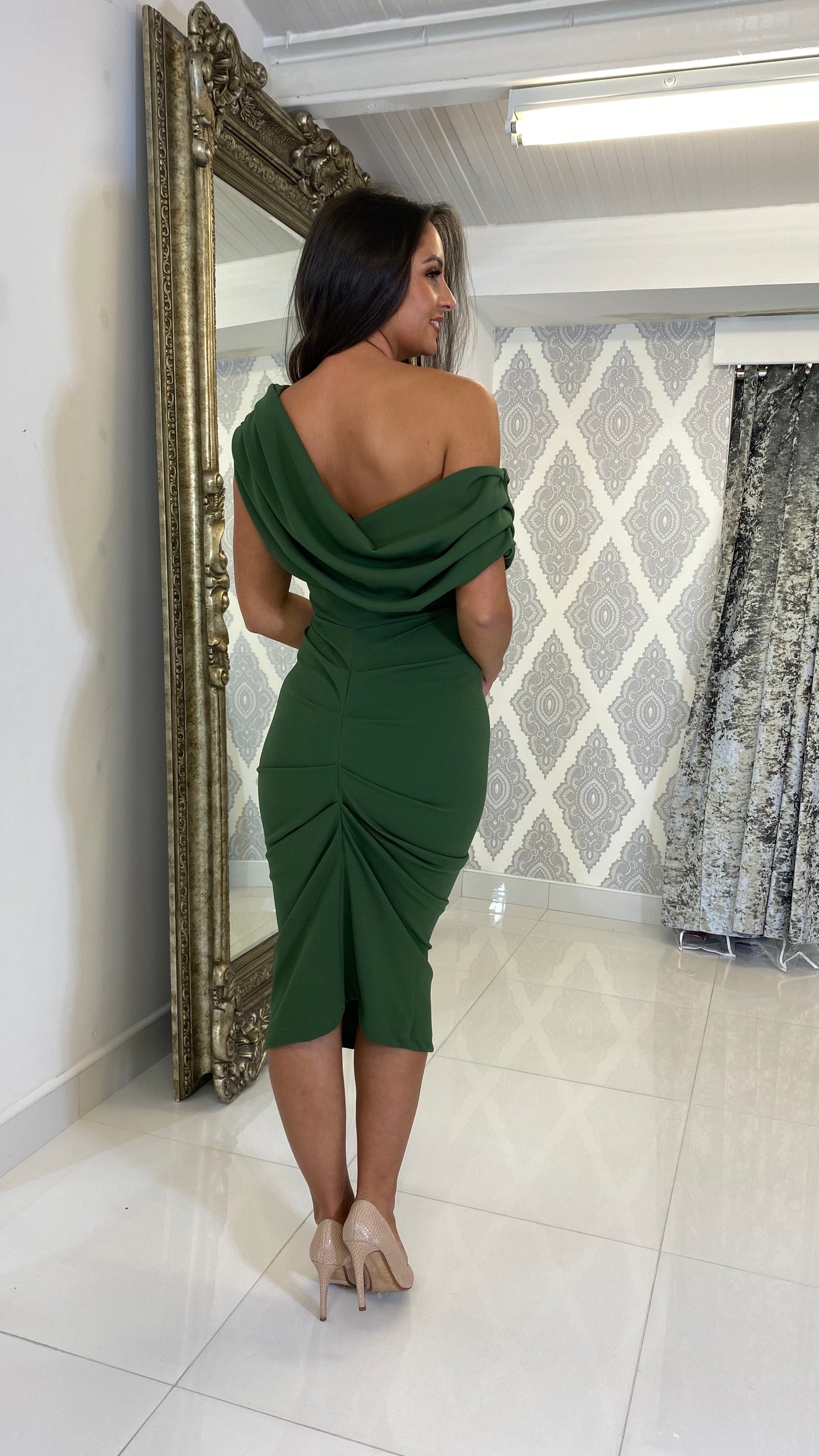 Leaf Green Drape Shoulder Midi Bodycon Dress