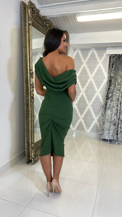 Leaf Green Drape Shoulder Midi Bodycon Dress
