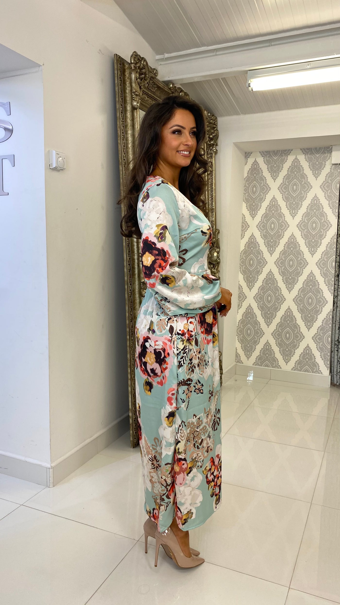 Mint Satin Floral Wrap Dress