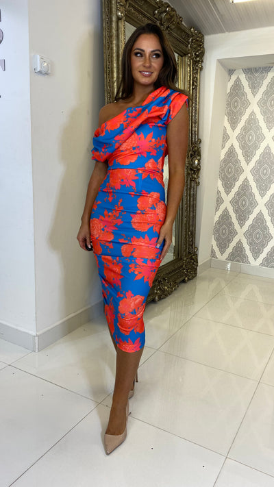 Teal/Orange Drape Shoulder Midi Bodycon Dress