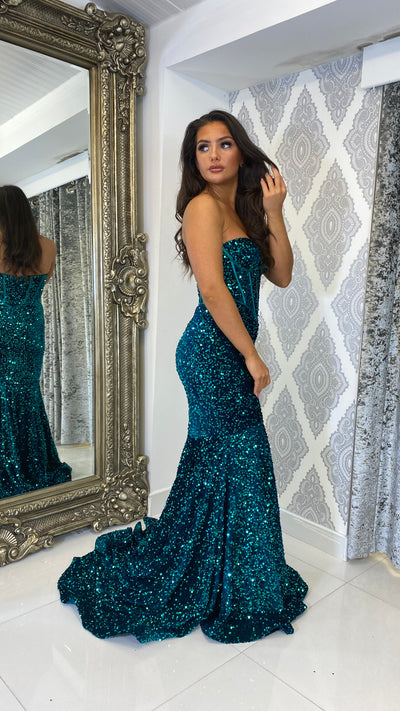 Teal Green Sequin Corset Strapless Evening Gown