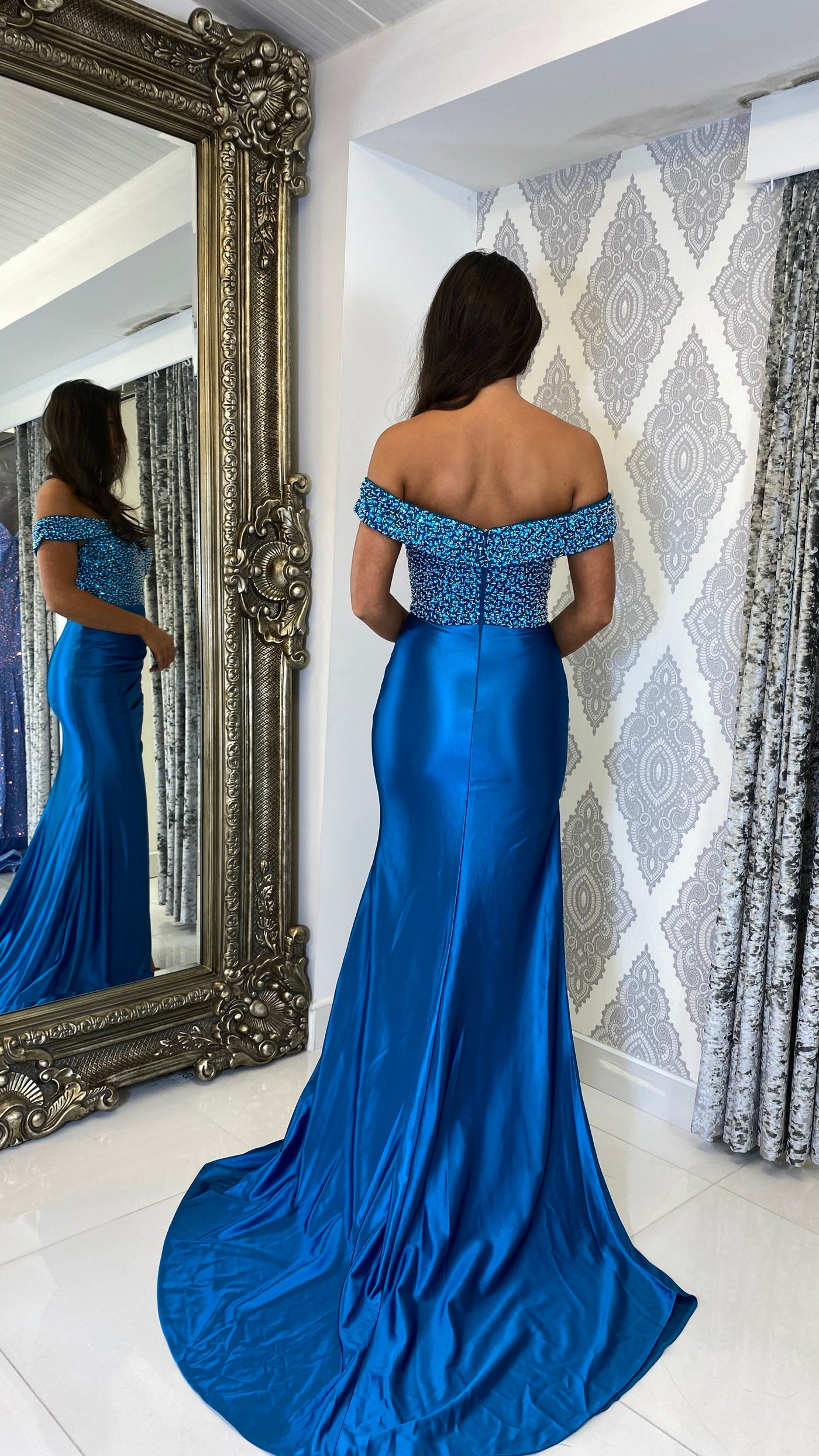 Teal Sequin Top Bardot Formal Gown