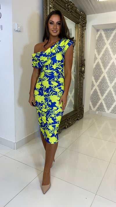 Cobalt and Lime Floral Print Drape Shoulder Midi Bodycon Dress