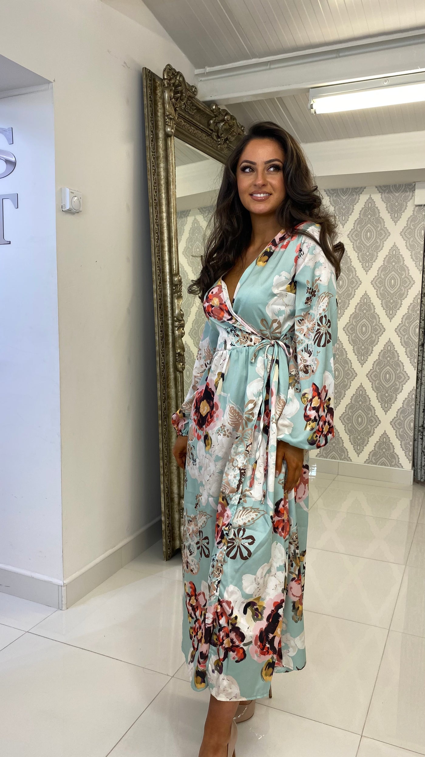 Mint Satin Floral Wrap Dress
