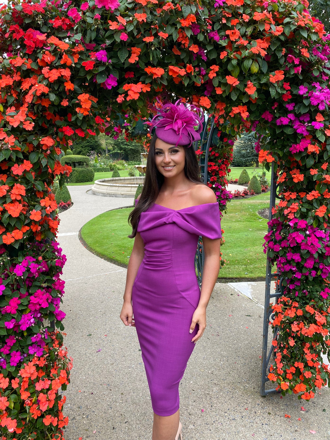 Purple Bardot Midi Wedding Guest Dress