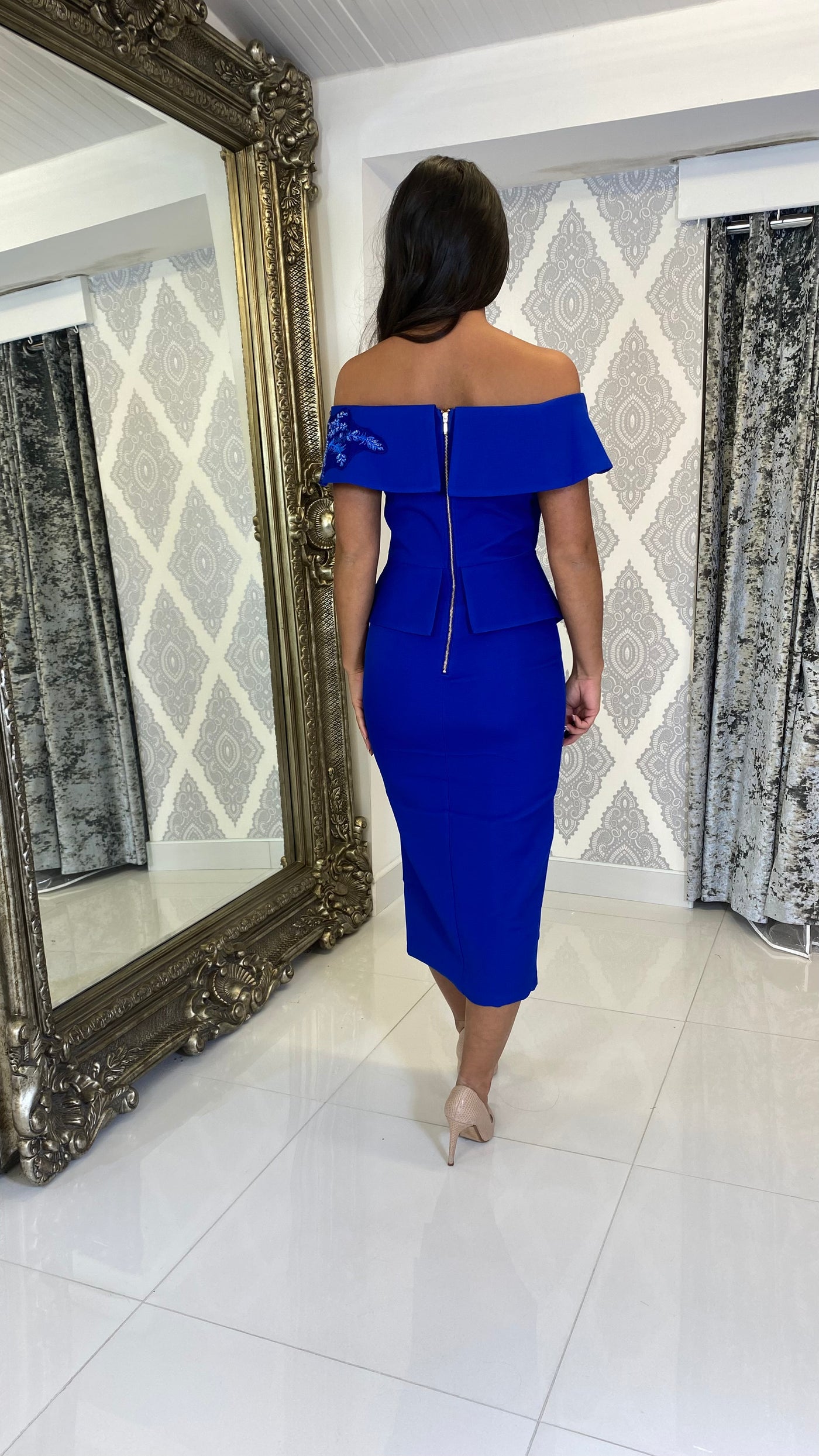 Cobalt Blue Bardot Peplum Pencil Dress