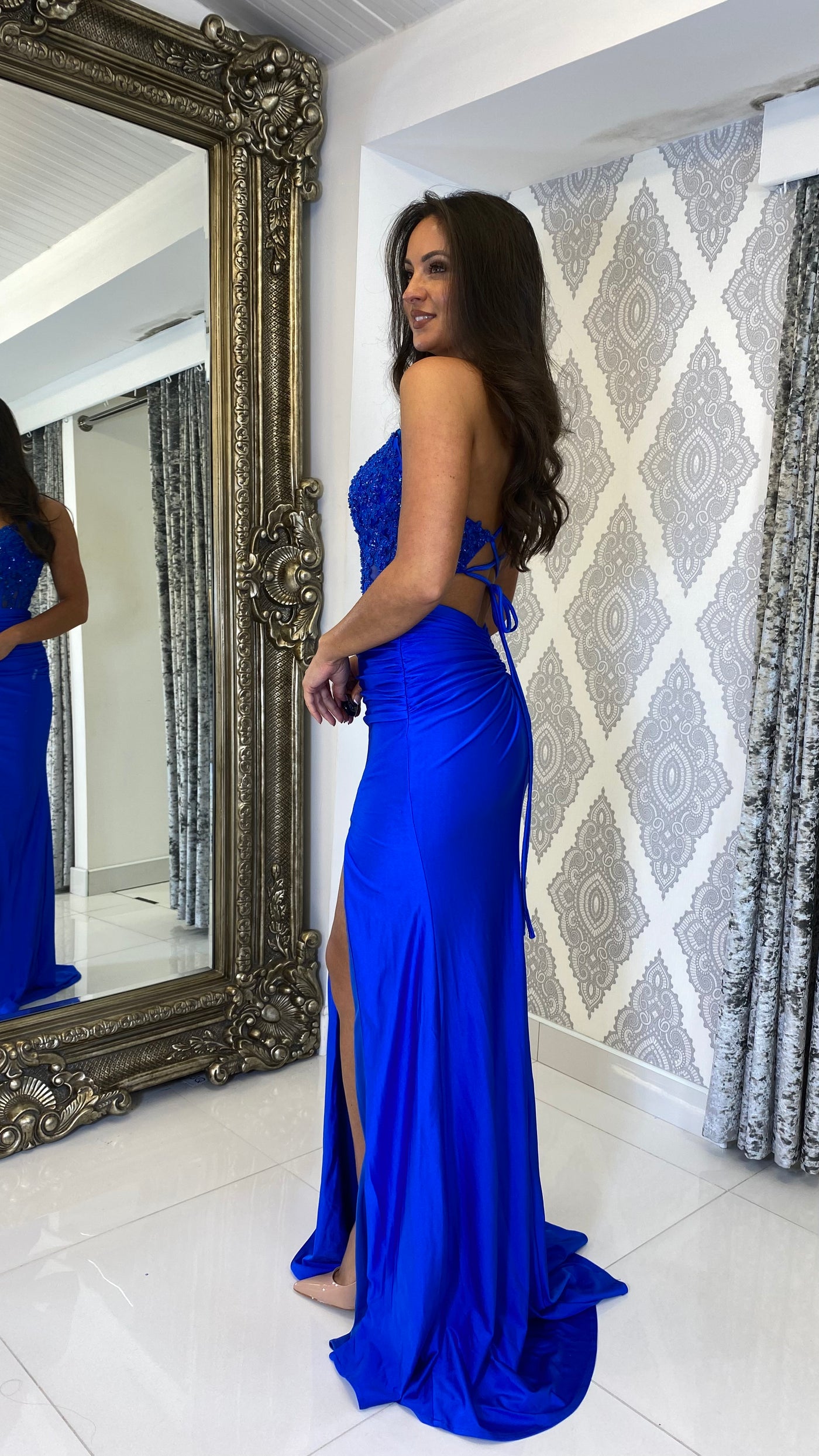 Royal Blue Corset Lace Top Detailed Prom Evening Gown