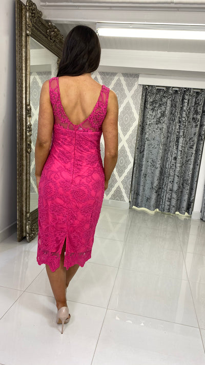 Fuchsia Pink Lace Overlay Midi Dress