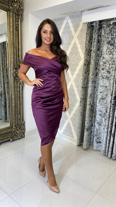Plum Satin Bardot Midi Dress