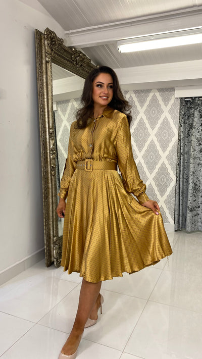 Gold Black Mini Dotted Silk Midi Shirt Dress
