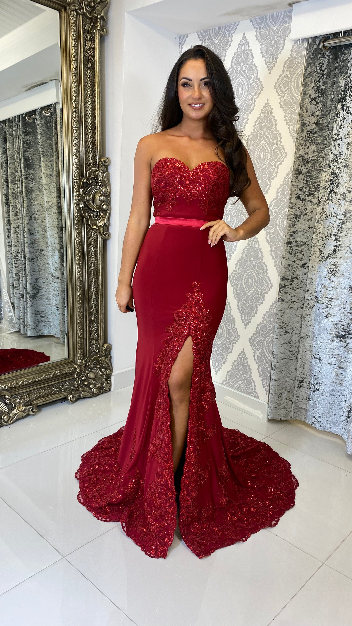 Red Strapless Leg Split Evening Gown
