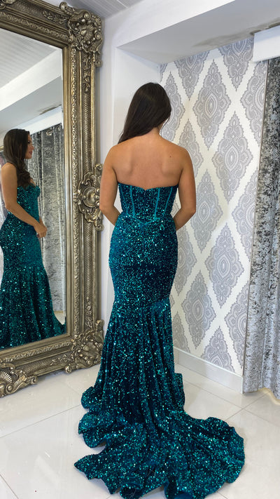Teal Green Sequin Corset Strapless Evening Gown