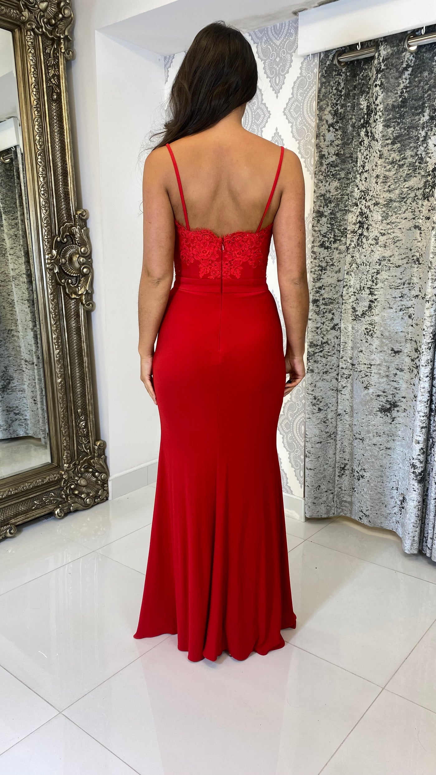 Red Lace Top Skinny Straps Evening Gown