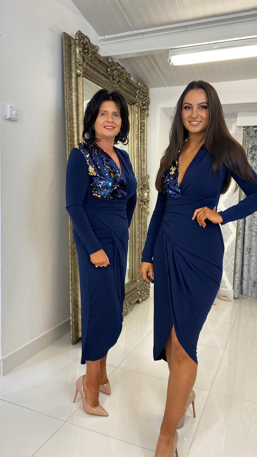 Navy & Sequin Midi Ruched dress