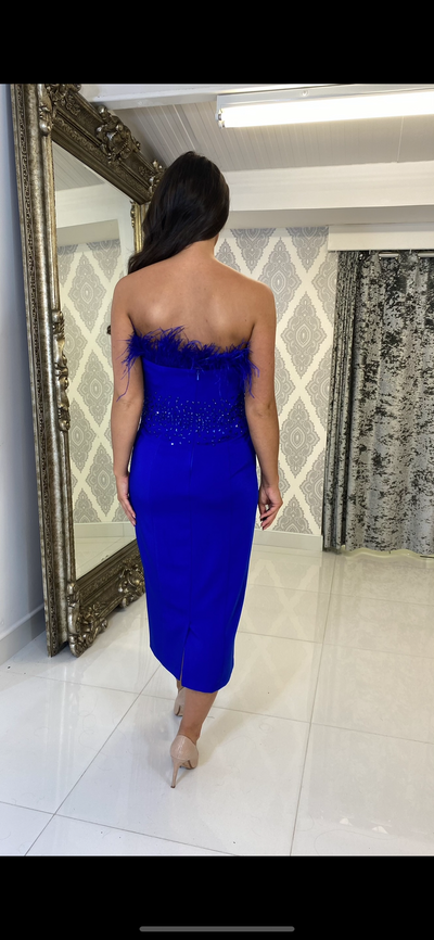 Feather Detailed Midi Cocktail Dress In Royal Blue