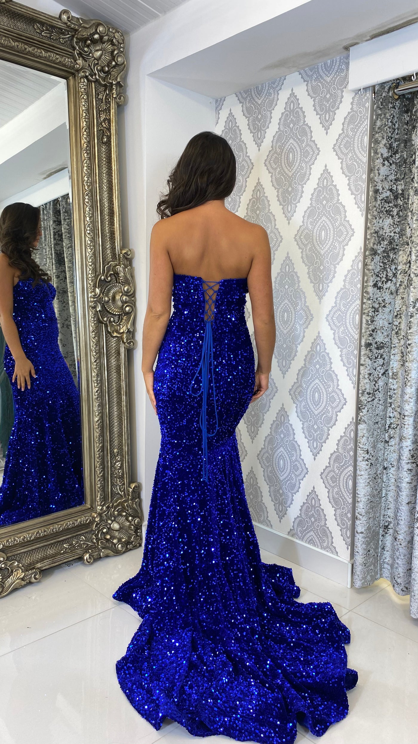 Cobalt Blue Sequin Strapless Evening Gown