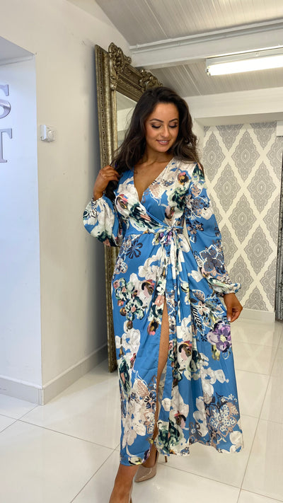 Blue Satin Floral Wrap Dress