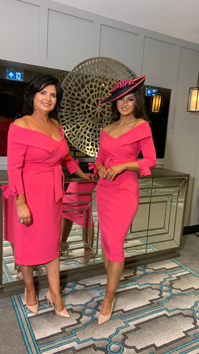 Fuchsia Bardot 3/4 Sleeve Belted Dress