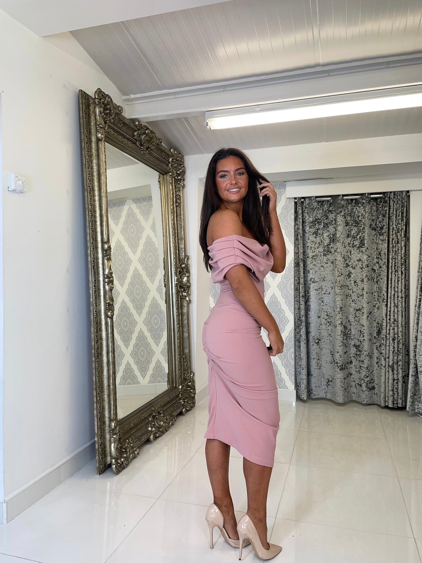 Blush Pink Drape Shoulder Midi Bodycon Dress