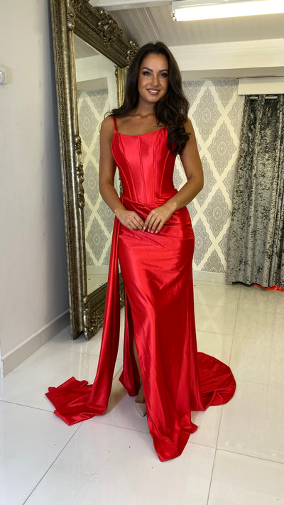 Red Corset Style Satin Prom Evening Gown