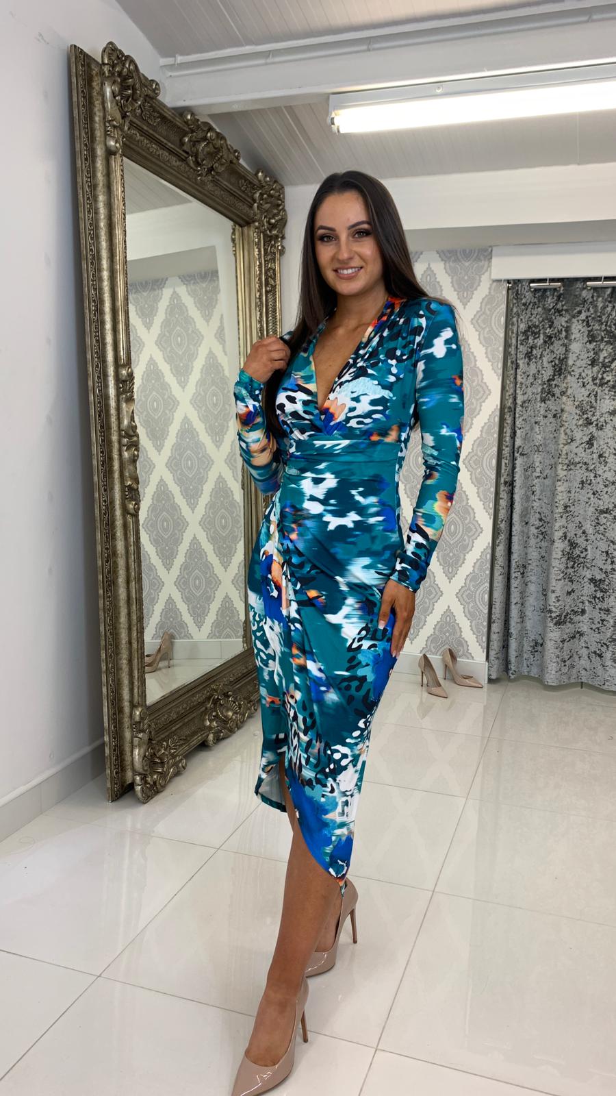 Blue Print Midi Ruched dress