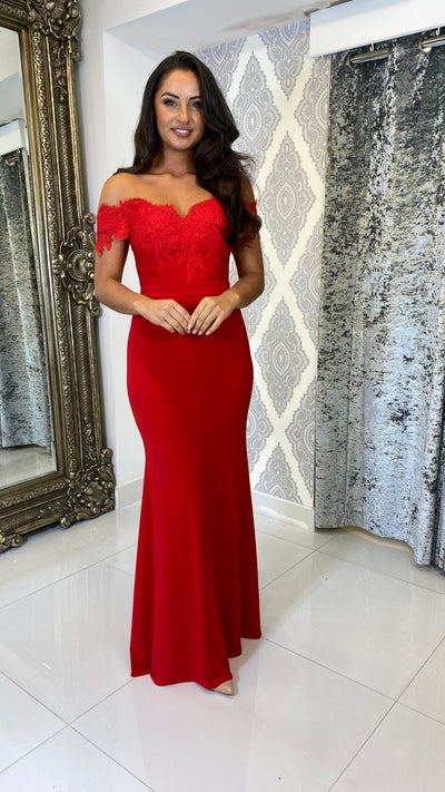 Red Lace Top Bardot Evening Gown