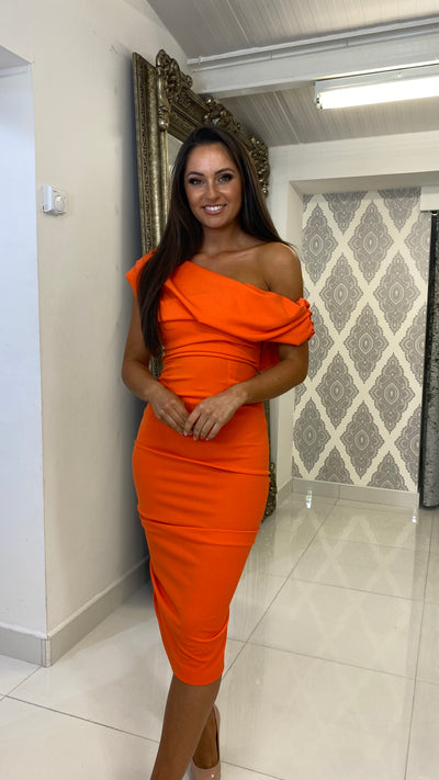 Orange Drape Shoulder Midi Bodycon Dress