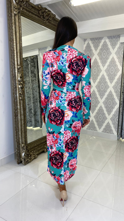 Mint Green Rose Print Midi Ruched Dress