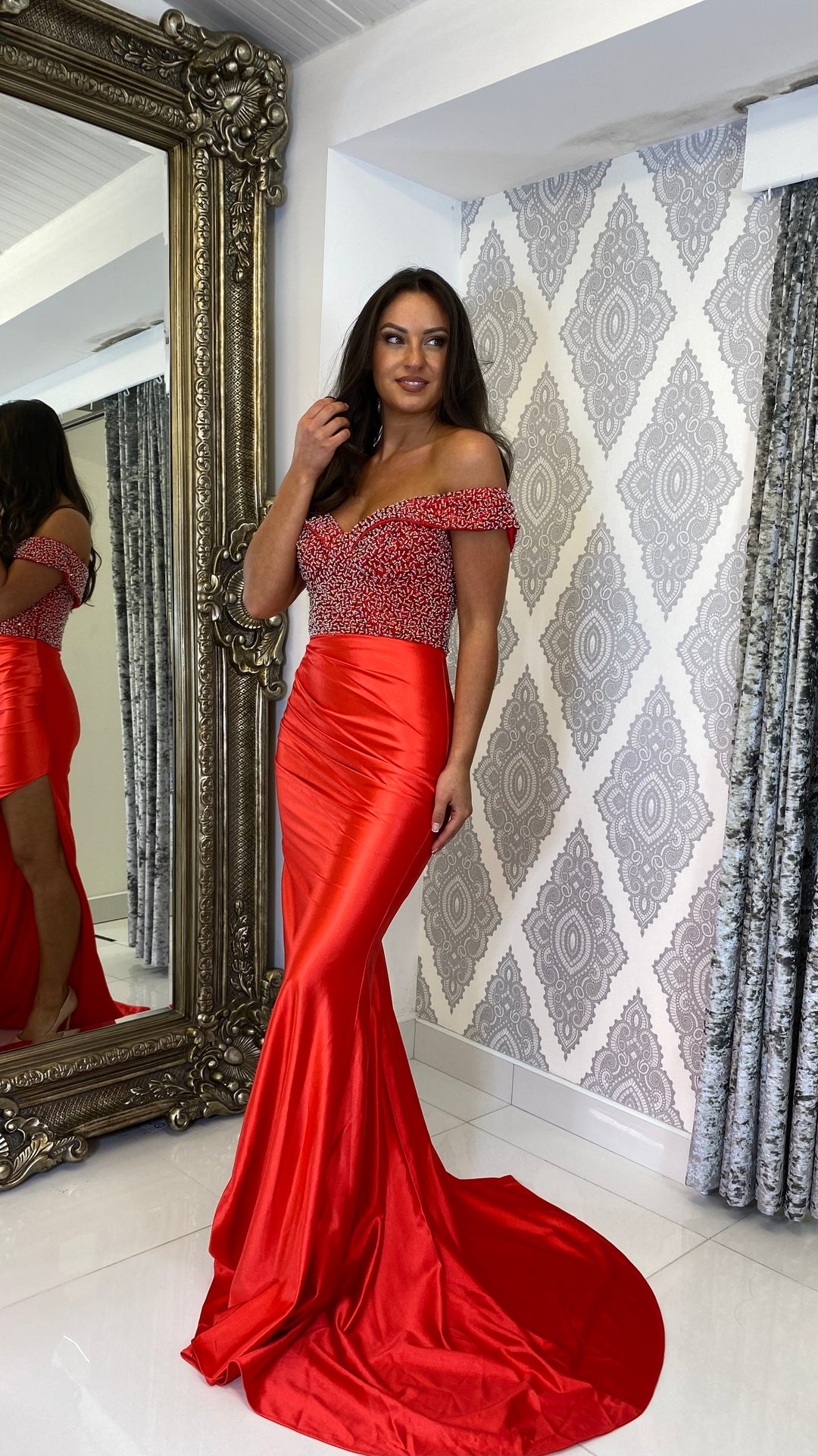 Red Sequin Top Bardot Formal Gown – Rosies Closet