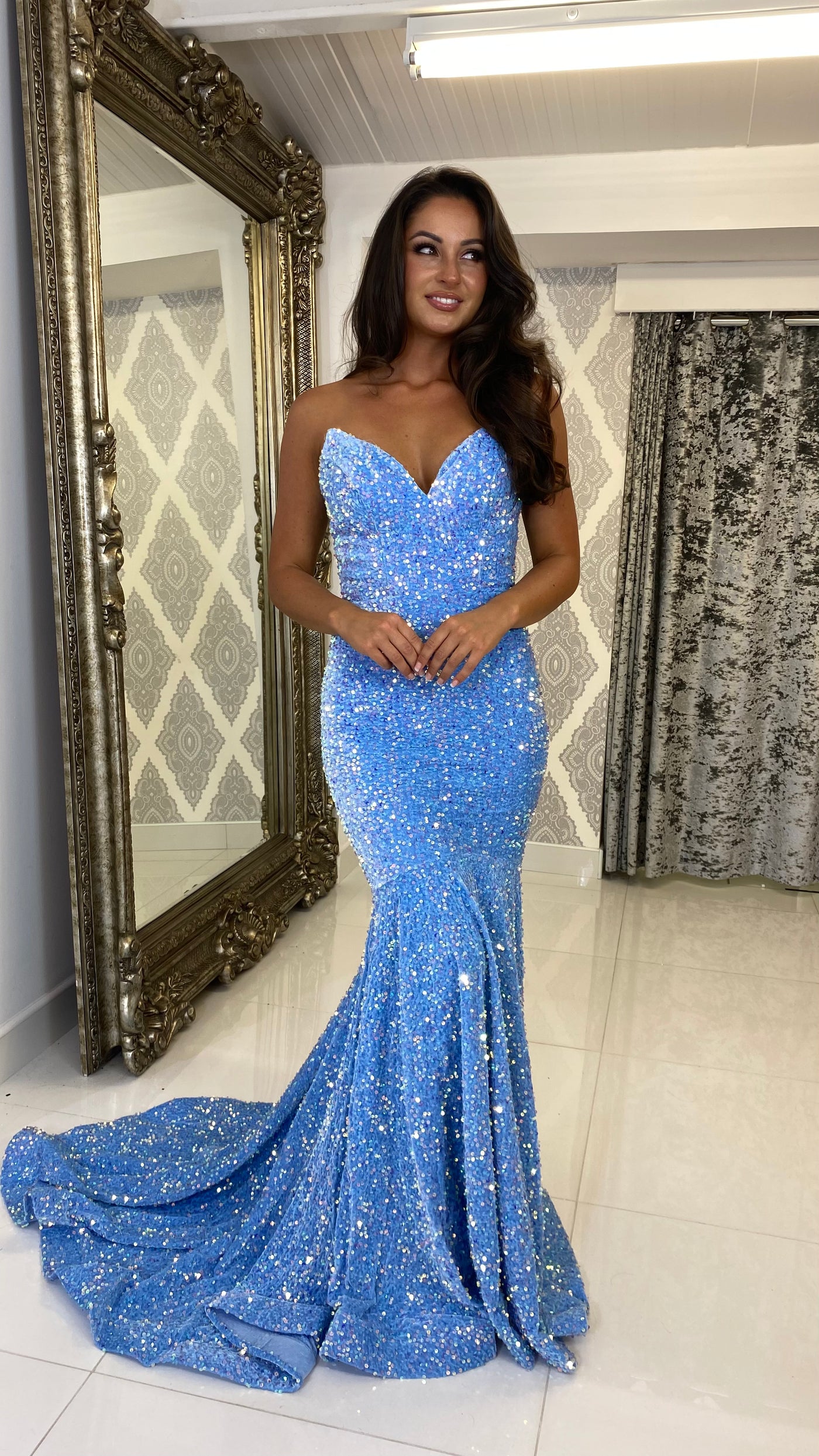 Light Blue Sequin Strapless Lace-up Evening Gown – Rosies Closet
