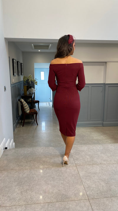 Burgundy Bardot 3/4 Sleeve Dress