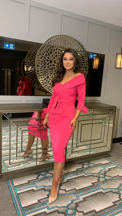 Fuchsia Bardot 3/4 Sleeve Belted Dress