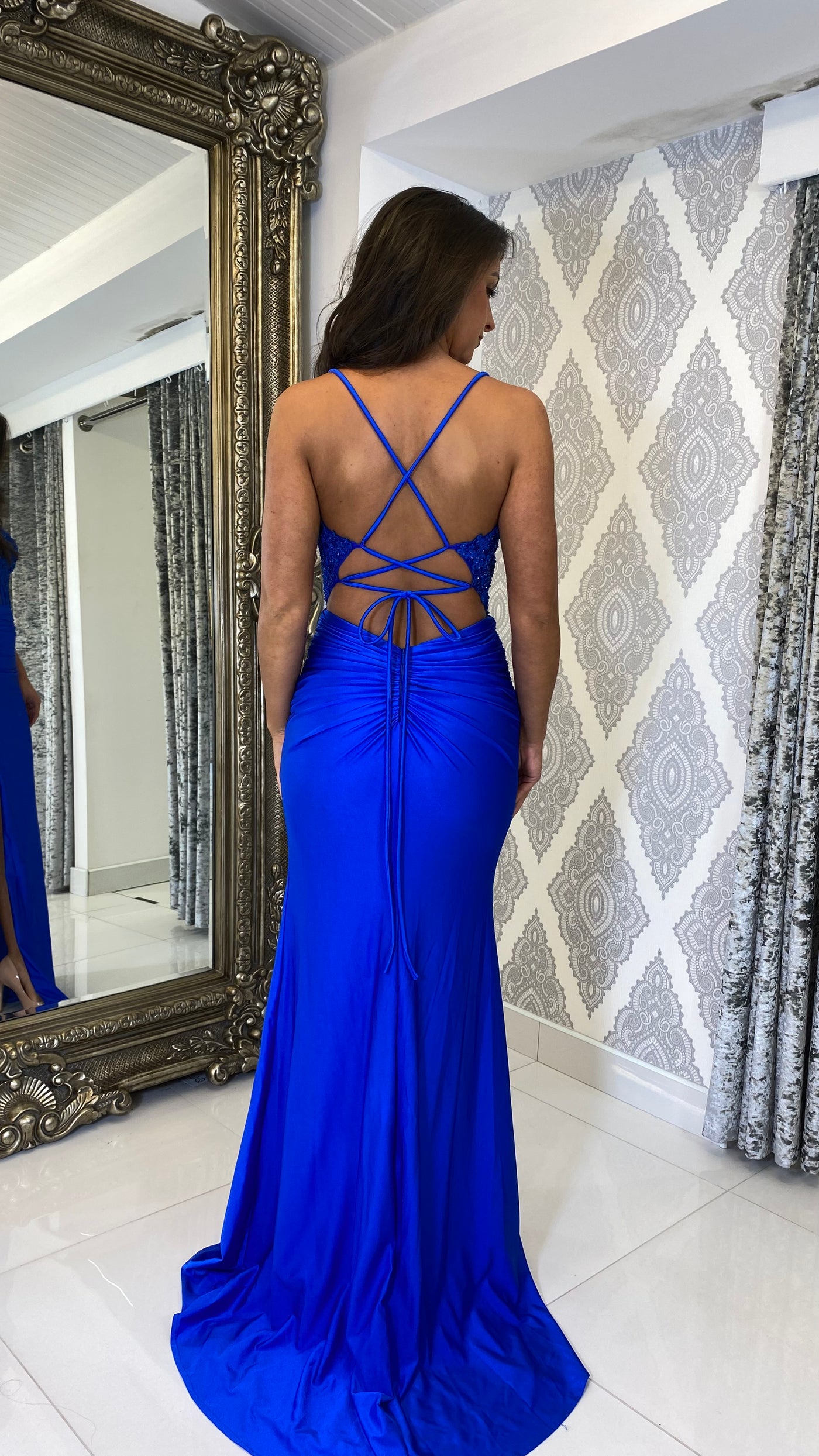Royal Blue Corset Lace Top Detailed Prom Evening Gown